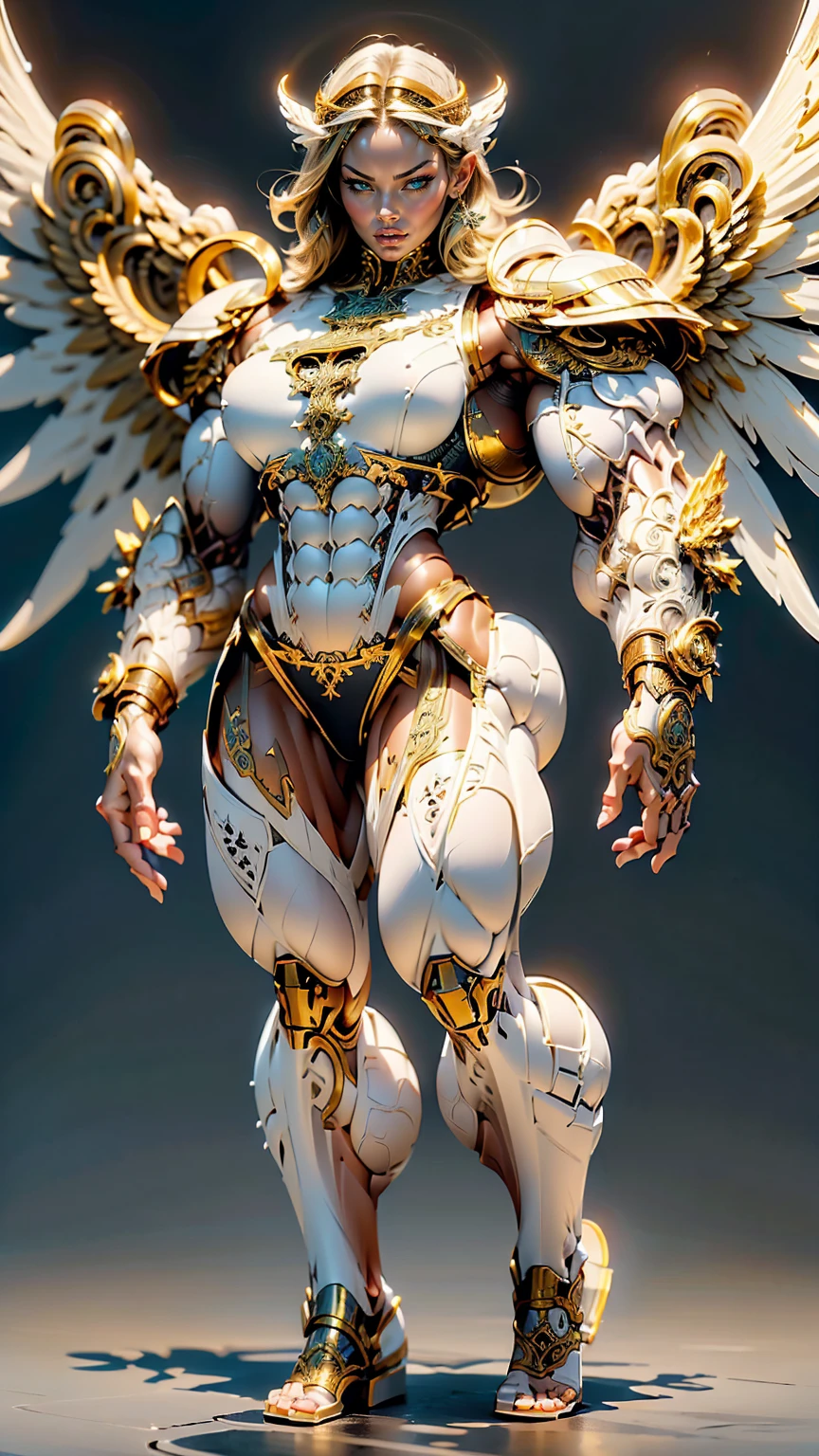 (cara delevingne), ((((((1 muscular angel girl)))))), (((huge upper body))), long hair, ((((huge angelic wings))), (((intricate ornate angelic full body armor))), ((((full body front view)))), (((perfect hands, perfect fingers))), (((empty background)))