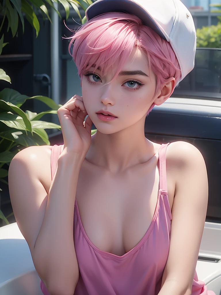 Pink Hair、Has bangs、Plain navy blue cap、Navy blue jersey、Broad shoulders、Short Hair、Pink eyebrows、White skin