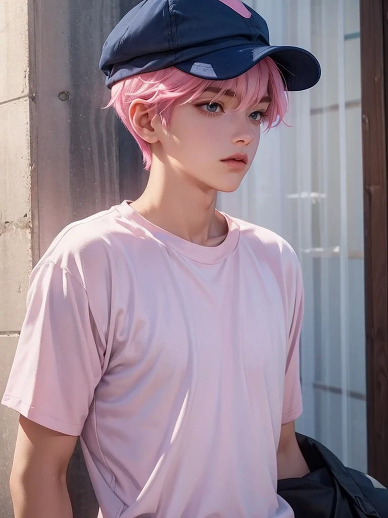 Pink Hair、Has bangs、Plain navy blue cap、Navy blue jersey、Broad shoulders、Short Hair、Pink eyebrows、White skin