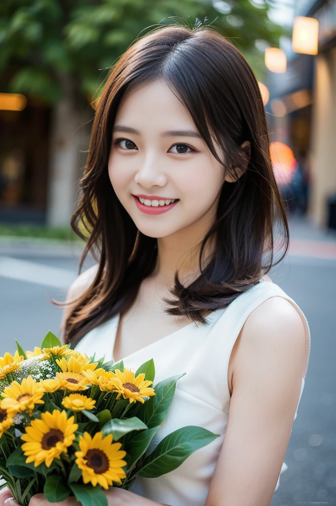 (8K, RAW Photos, Highest quality、masterpiece:1.2), (Realistic、Realistic:1.37), Very detailed, High resolution, 1 girl, laughing, View your viewers, dress, Beautifully detailed face、(Holding a bouquet:1.3),Beautiful and detailed skin、Skin Texture、Floating Hair、Professional Lighting, noon