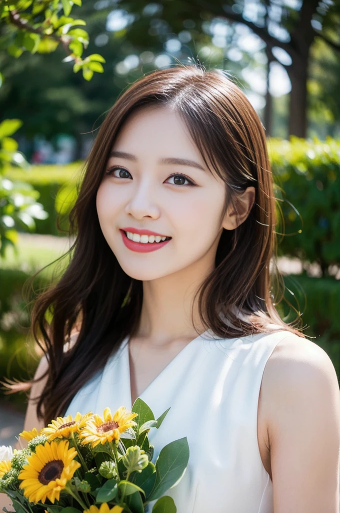 (8K, RAW Photos, Highest quality、masterpiece:1.2), (Realistic、Realistic:1.37), Very detailed, High resolution, 1 girl, laughing, View your viewers, dress, Beautifully detailed face、(Holding a bouquet:1.3),Beautiful and detailed skin、Skin Texture、Floating Hair、Professional Lighting, noon