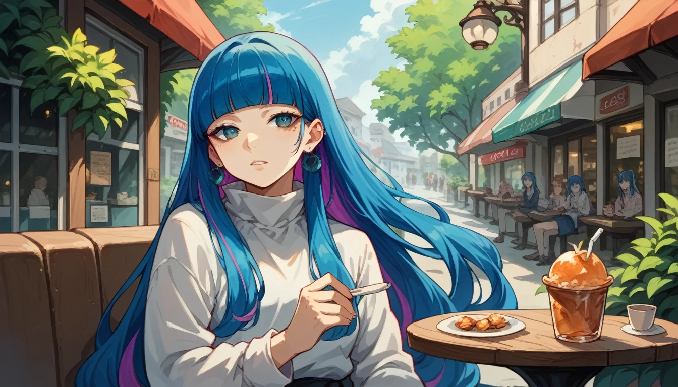 (1 girl) eida, blue hair, blunt bangs, colored colored inner hair, long hair, earrings, long sidelocks, chilling in cafe