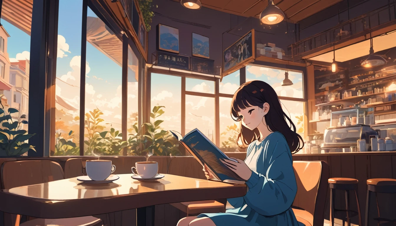 Woman reading a book in a cafe、, Wide-angle lens, Lofi Anime, Lofi illustration, Aesthetic atmosphere, Lo-Fi Style, Vector art, Flat Design, Simple shape, Warm tones, Pleasant atmosphere, Chill, In anime style, Digital drawing, Vector art, Vector logo for t-shirt printing, (Adorable:1.5), (small:1.4), (Playful:1.2), (soft:1.3), (Whimsical:1.1), masterpiece, Highest quality, 8K, Intricate details, grow, Celestial, Mysterious, Picturesque, amazing, Majestic, Magic, Fantasy art, Cover art, dream-like
