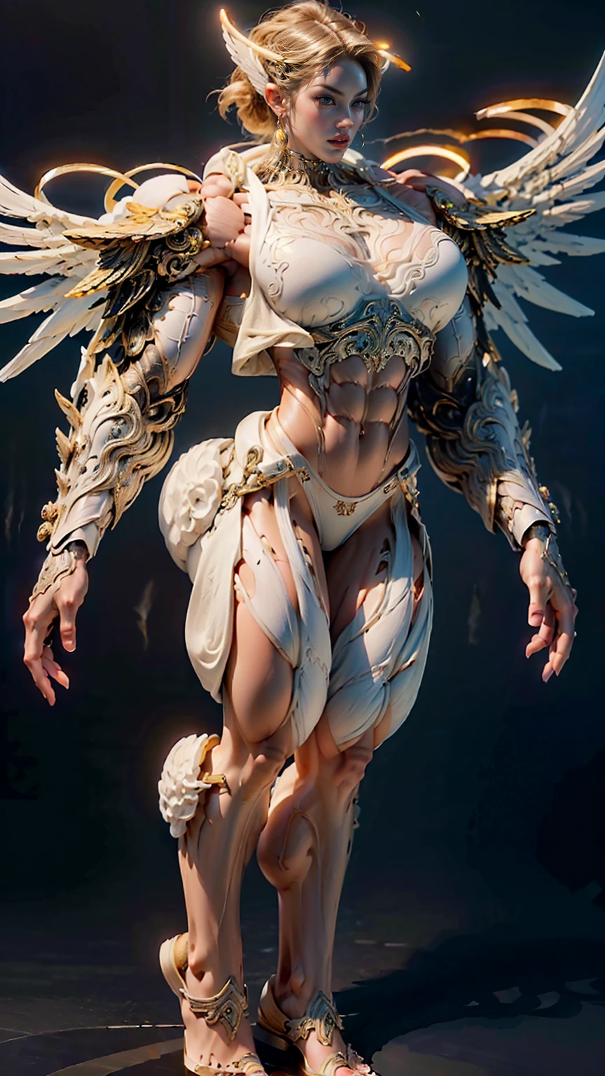 (cara delevingne), ((((((1 muscular angel girl)))))), (((huge upper body))), long hair, ((((huge angelic wings))), (((intricate ornate angelic full body armor))), ((((full body front view)))), (((perfect hands, perfect fingers))), (((empty background)))