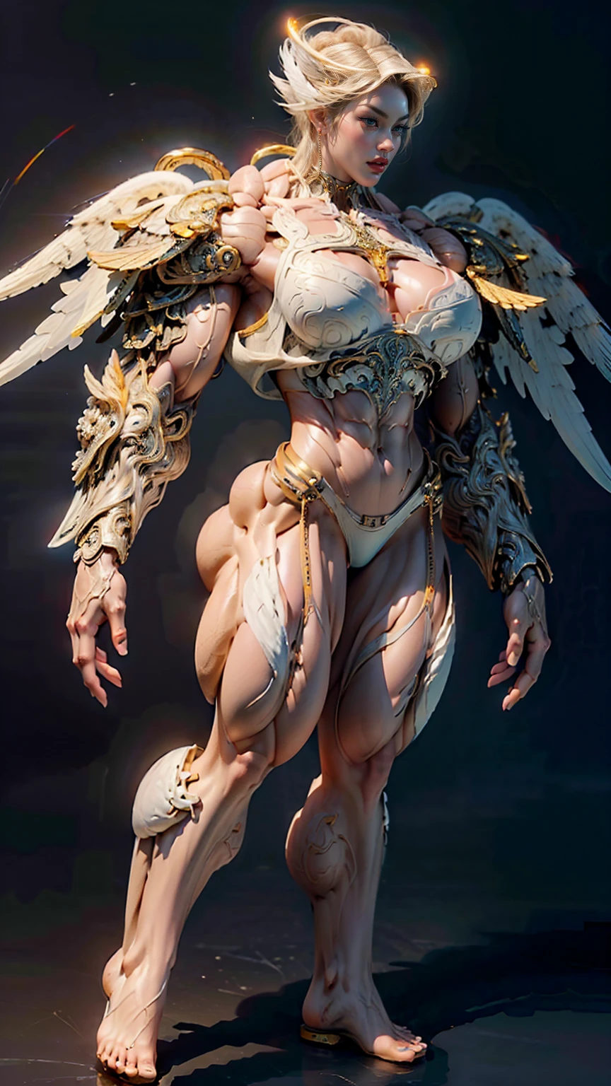 (cara delevingne), ((((((1 muscular angel girl)))))), (((huge upper body))), long hair, ((((huge angelic wings))), (((intricate ornate angelic full body armor))), ((((full body front view)))), (((perfect hands, perfect fingers))), (((empty background)))