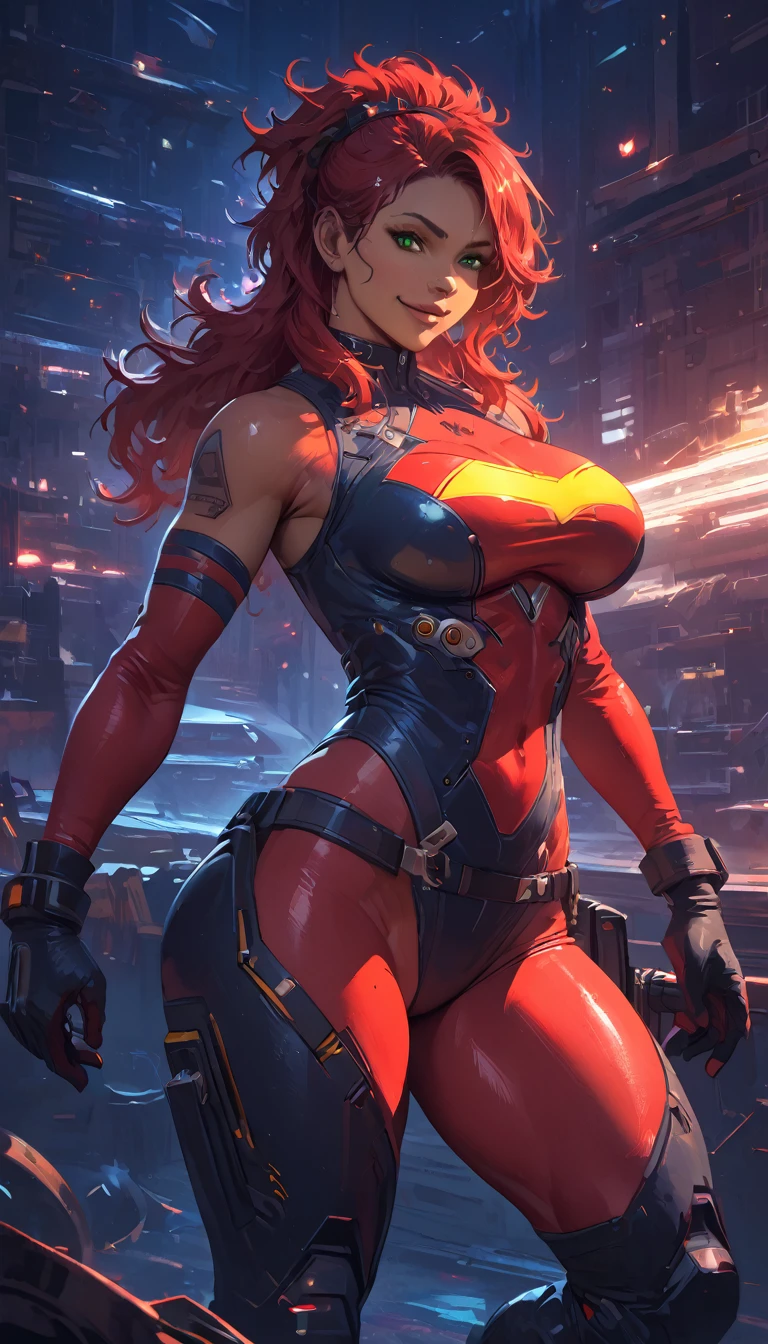 best quality,4k,8k,highres,masterpiece:1.2),ultra-detailed, extremely detailed eyes, extremely detailed body, (large masterpiece digital art), (detailed manga illustration), (detailed line art), ((perfect anatomy)), (intricate details:1.3), (ultra-detailed:1.3), (illustration:1.3), (sharp focus:1.3), (natural lighting:1.05), (vivid colors:1.3), (masterpiece), (best quality:1.4), (perfect anatomy:1.4), high quality, expressive eyes, full body, detailed face, beautiful face, perfect face, 1 girl, breasts, cleavage, gloves, large breasts, cyberpunk clothes, jacket, black jacket, very long hair, thigh length hair, ({dark skin}), dark-skinned female ,detailed ((red hair)), messy hair, green eyes, hourglass physique, bodysuit, ultramarine bodysuit, sleeveless, shorts, thick thighs, toned, captain marvel emblem, emblem, superhero, dynamic lighting, cinematic lighting, dynamic heroic pose, smiling, outer space background, curvy, Atey Ghailan, Jeremy Mann, Greg Manchess, Antonio Moro, trend in ArtStation, trend in CGSociety, Intricate, High Detail, Sharp focus, dramatic and photorealistic painting art by Midjourney and Greg Rutkowski, Jeff Bridges, ((cartoon style)), Marvel Cinematic Universe style