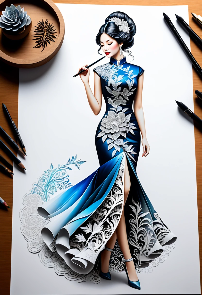Sur une feuille de papier légèrement pliée posée sur un bureau, Dessiner une figurine 4D de style encre uhd époustouflante et à couper le souffle, portant une sublime Cheongsam dress très détaillé en dentelle fractal, effet holographique qui semble sortir de la feuille de dessin, dessin extrêmement détaillé, hyperréaliste, Des détails sublimes. Un travail vraiment remarquable, travail joyeux et sensuel, (sublime poitrine effet push-up qui semble sortir de la feuille de dessin, effet 3d époustouflant), ((proportions parfaites, masterpiece, hyperRéaliste, masterpiece, superior quality, high resolution, Extremely detailed, highly detailed 8K wallpaper, détails fractales))