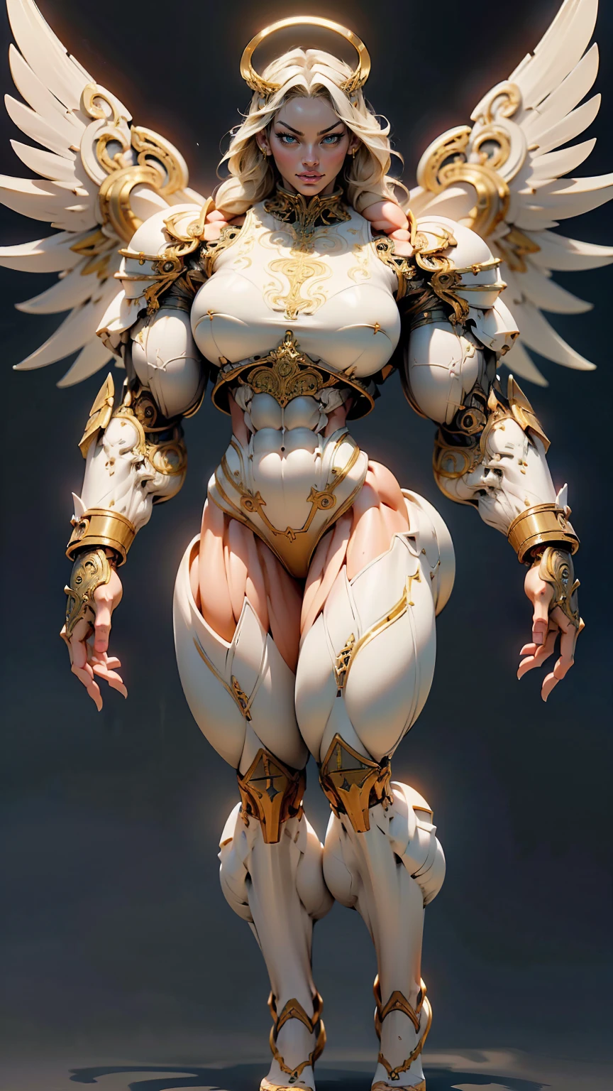 (cara delevingne), ((((((1 muscular angel girl)))))), (((huge upper body))), long hair, ((((huge angelic wings))), (((intricate ornate angelic full body armor))), ((((full body front view)))), (((perfect hands, perfect fingers))), (((empty background)))