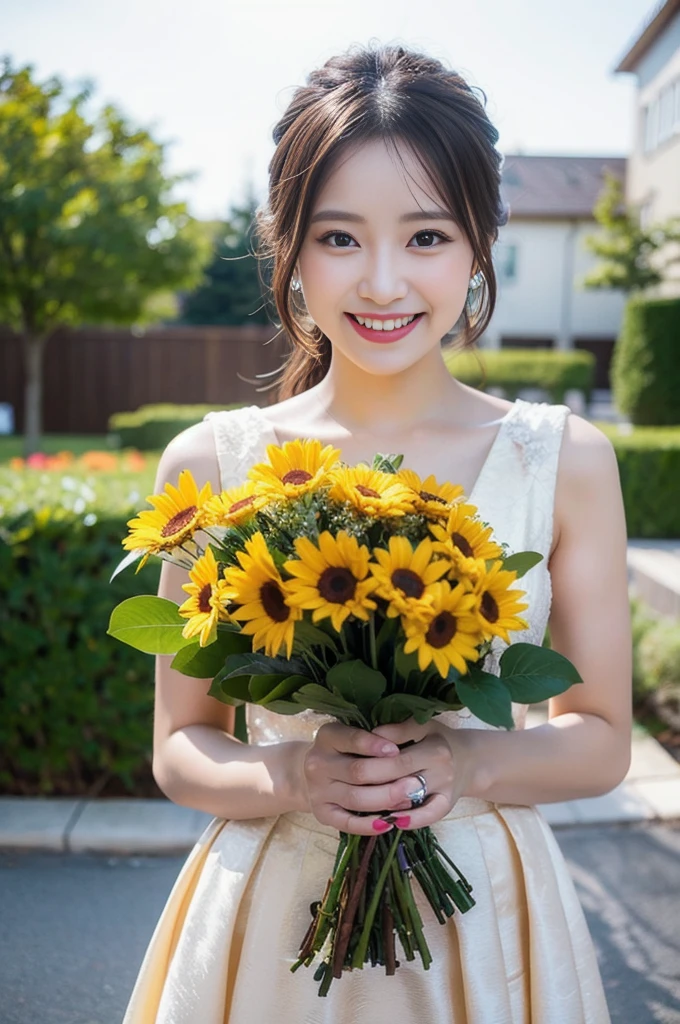 (8K, RAW Photos, Highest quality、masterpiece:1.2), (Realistic、Realistic:1.37), Very detailed, High resolution, 1 girl, laughing, View your viewers, dress, Beautifully detailed face、(Holding a bouquet:1.3),Beautiful and detailed skin、Skin Texture、Floating Hair、Professional Lighting, noon