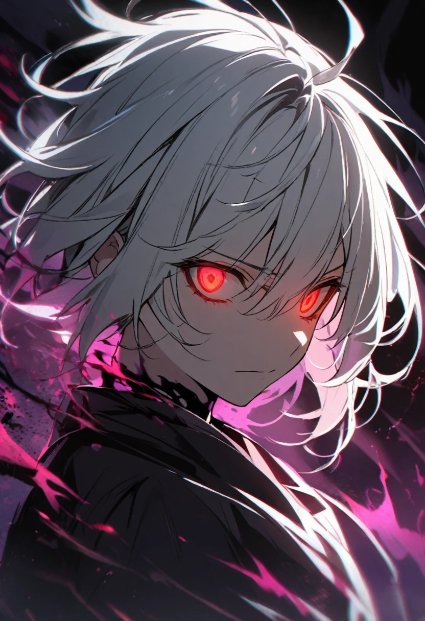 1 children, boy, red eyes, glowing eyes, white hair, dark aura