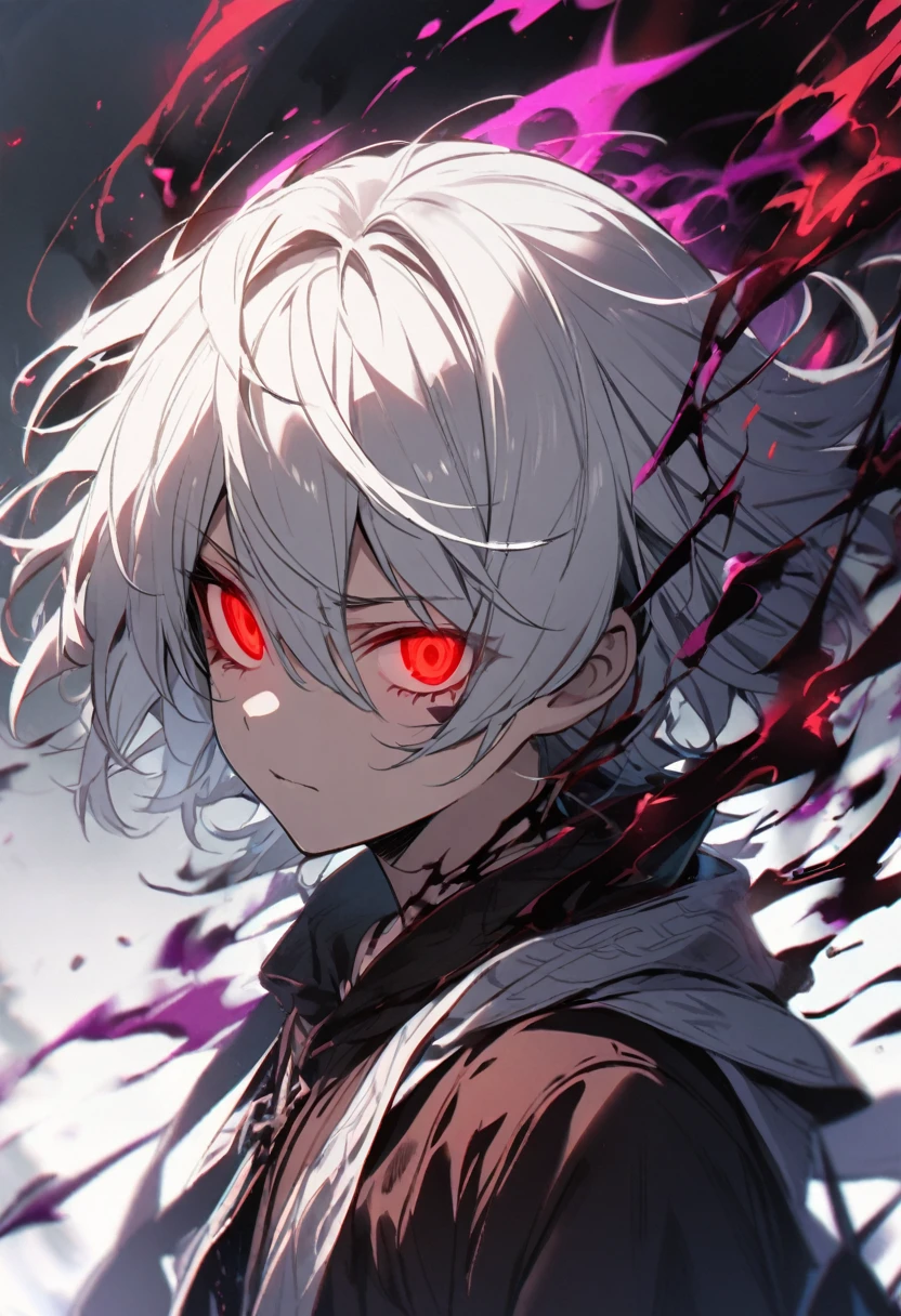 1 children, boy, red eyes, glowing eyes, white hair, dark aura