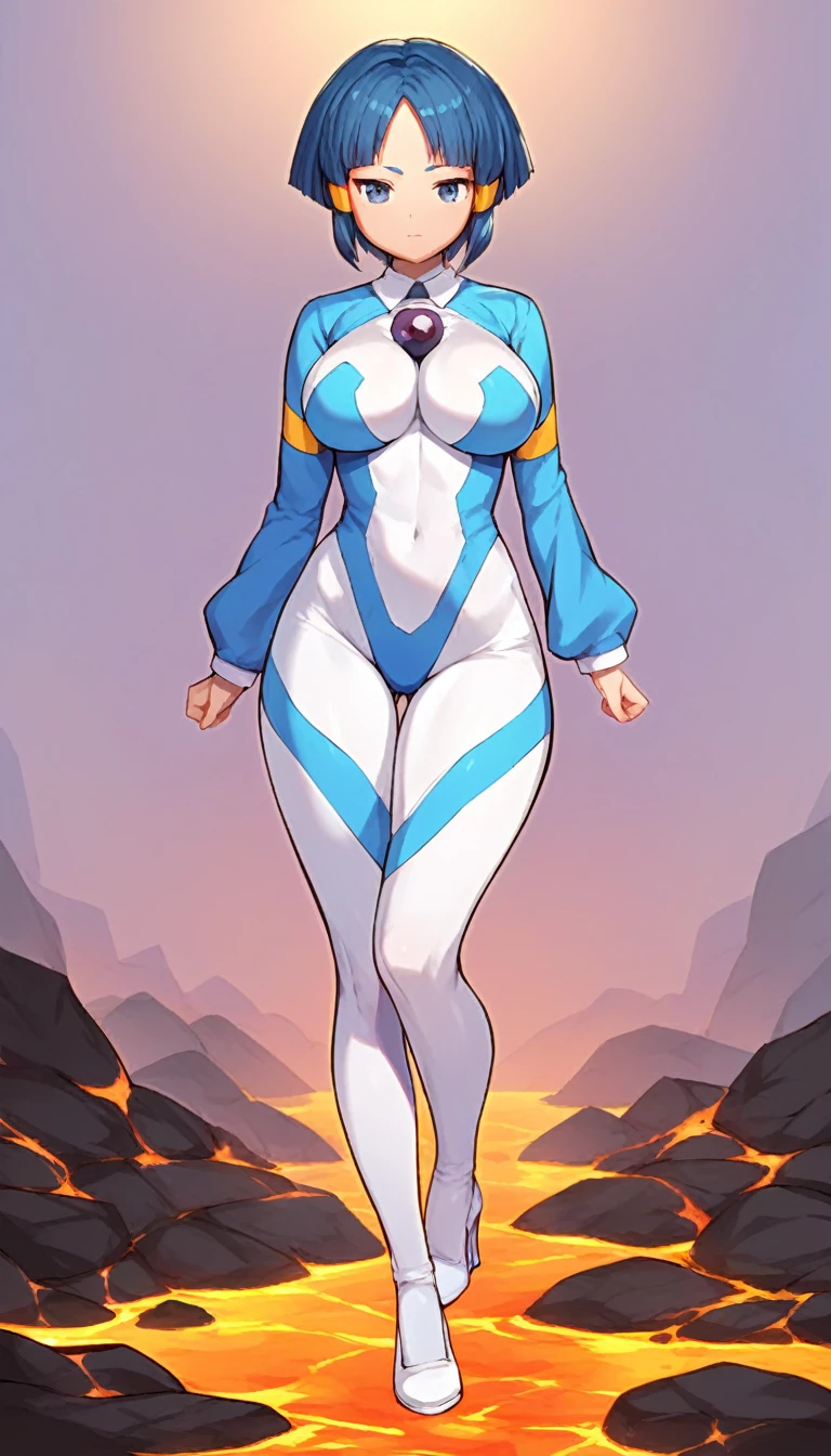 best quality,ultra detailed,solo,score_9, score_8_up, score_7_up, score_6_up, score_5_up, score_4_up, source_anime, 1girl, clara, blue hair, hair tubes, grey eyes, bodysuit,big breasts, standing sexy pose, (front view,portrait),full body, standing on lava,heavenly ass, heavenly breasts, big ass, no shoes, wearing white heels, upset, cute, face, long legs, tight bodysuit, tight sleeves, white bodysuit, half-closed eyes