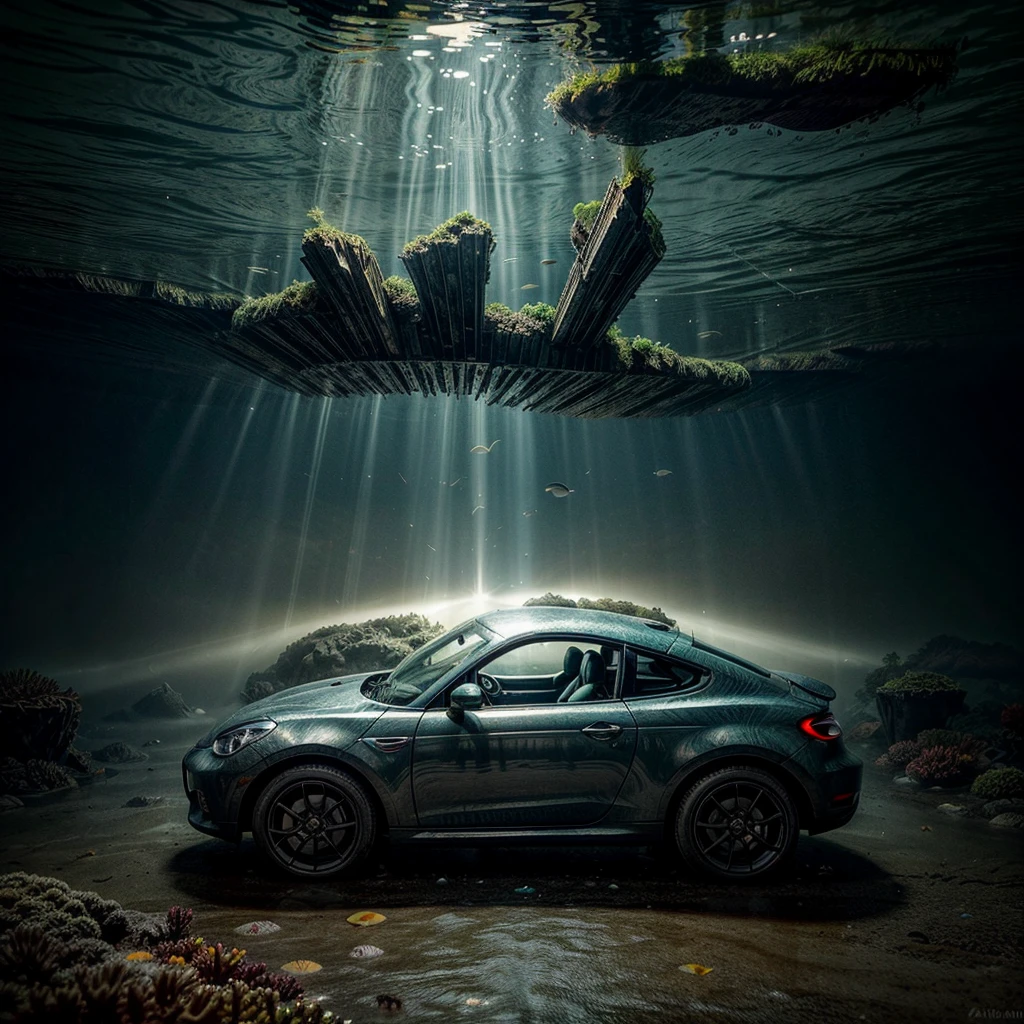 There is a micro sports car at the bottom of the ocean, surrounded by marine life. Light breaks through the water, creating mystical lighting. The car is partially covered with seaweed and coral, which emphasizes his prolonged stay under water. A variety of fish and other marine life swim around. A lot of details.

Details for creating a picture:

Main object:

micro tiny sports car (Sports car).
Clean lines and modern car design, but with elements of corrosion and fouling by algae and corals. Rust and dust on the car. Rusty car is totally underwater. a rotten car.
ambient:

Ocean floor, covered with sand and stones.
Marine flora: algae, armed, sea grass.
Marine fauna: various types of fish, Maybe, small sharks, Jellyfish.
Lighting & Atmosphere:

Scattered light, penetrating through the water from above, creating soft light rays.
Shadows & Depth, giving the image realism.
Bluish and greenish shades, characteristic of the underwater environment.
Additional elements (Optional):

Shipwrecks or old chests in the distance to add ambience.
little air bubbles, rising from the car.
Style and mood:

Realistic style with high detail.
Mystical and slightly mysterious atmosphere.
Combination of modern and natural.
Technical specifications:

a high resolution.
Realistic stylization.
Detailed elements of the car and the underwater world.
Effective use of light and shadow to create depth and realism.