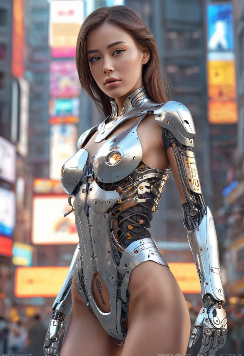 a beautiful woman-robot standing in a futuristic city backdrop, detailed intricate mechanical parts seamlessly blended with a slender, graceful humanoid form, magnificent anatomy and physique, 1/2 body crop, (best quality, 4k, 8k, highres, masterpiece:1.2), ultra-detailed,(realistic, photorealistic, photo-realistic:1.37), HDR, (intricate details:1.12), (intricate details, hyper-detailing:1.15), (natural skin textures, hyper realisitc, soft light, Sharp:1.2)