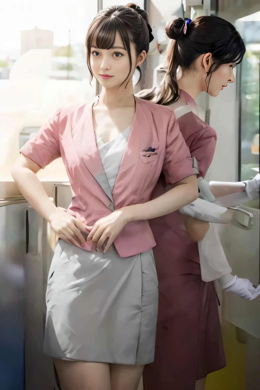 (masterpiece:1.2, Highest quality:1.2), 32k HDR, High resolution, (alone、1 girl)、 (Height: 160cm)、(On the rooftop of a building in the daytime、Professional Lighting)、Building rooftop background、(Nankai train crew uniform pinkを着たリアルスタイル)、(Nankai train crew uniform pink short sleeve collarless pink jacket、Nankai Train Crew Uniform Pink Collarless Short Sleeve Blouse、Nankai Train Crew Uniform Pink Grey Knee-length Culottes)、(The pink jacket is showing from the culottes.)、Dark brown hair、(Hair tied up、Hair tied up、Evening curly hairstyle)、Dark brown hair、Long Shot、Big Breasts、Thin legs、((Great hands:2.0)),((Harmonious body proportions:1.5)),((Normal limbs:2.0)),((Normal finger:2.0)),((Delicate eyes:2.0)),((Normal eyes:2.0)))、smile、(Nankai Train Crew Uniform Pink Grey Knee-length Culottesを見せた美しい歩く姿)、Place your hands around your stomach、Lanyard employee ID card