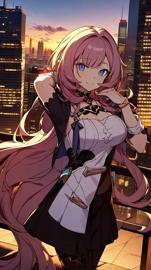 masterpiece, best quality, Extremely detailed, 4K, City background, On the roof, girl, Flowing long hair, Smile, Handpiece Style