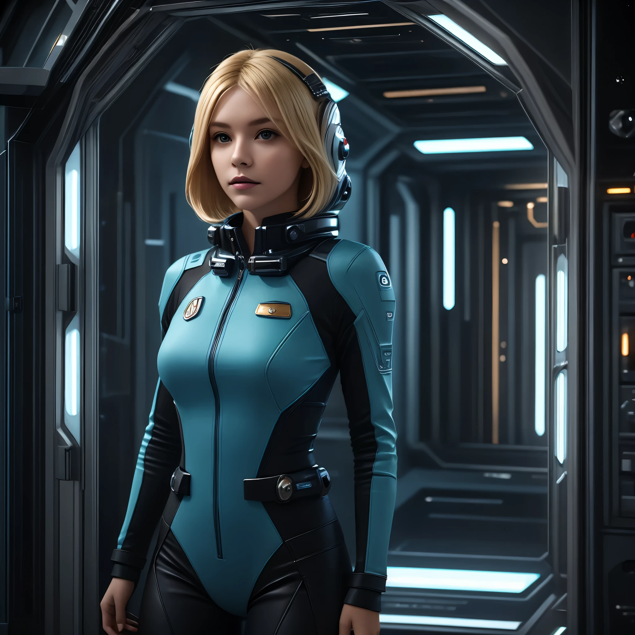 (masterpiece:1.4),(best quality,photorealistic), A beautiful Blonde woman with short hair, 48 years old, she is wearing a full length Teal space suit, she has perfect hands and face, ((she is standing in the door  way of a giant space ship)), there computers and flight controls, and exclusive, Luxury, you can see a moon out of the window, space nebulas, planets, control panel, she is sitting in a large space, she wears a gold badge