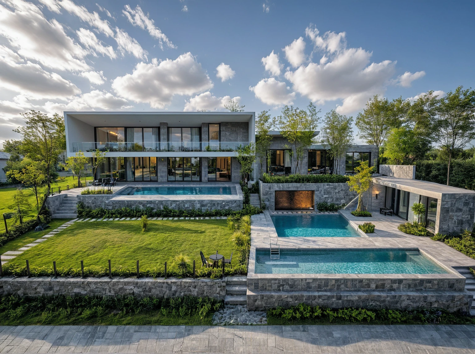 Masterpiece, high quality, best quality, surreal photo, super detailed, outdoor, villa, aiaigroup, modern townhouse style, swimming pool in front, accent wall Gray stone on the side right, road, sidewalk, grass, trees, sky, clouds (daylight: 1.1)