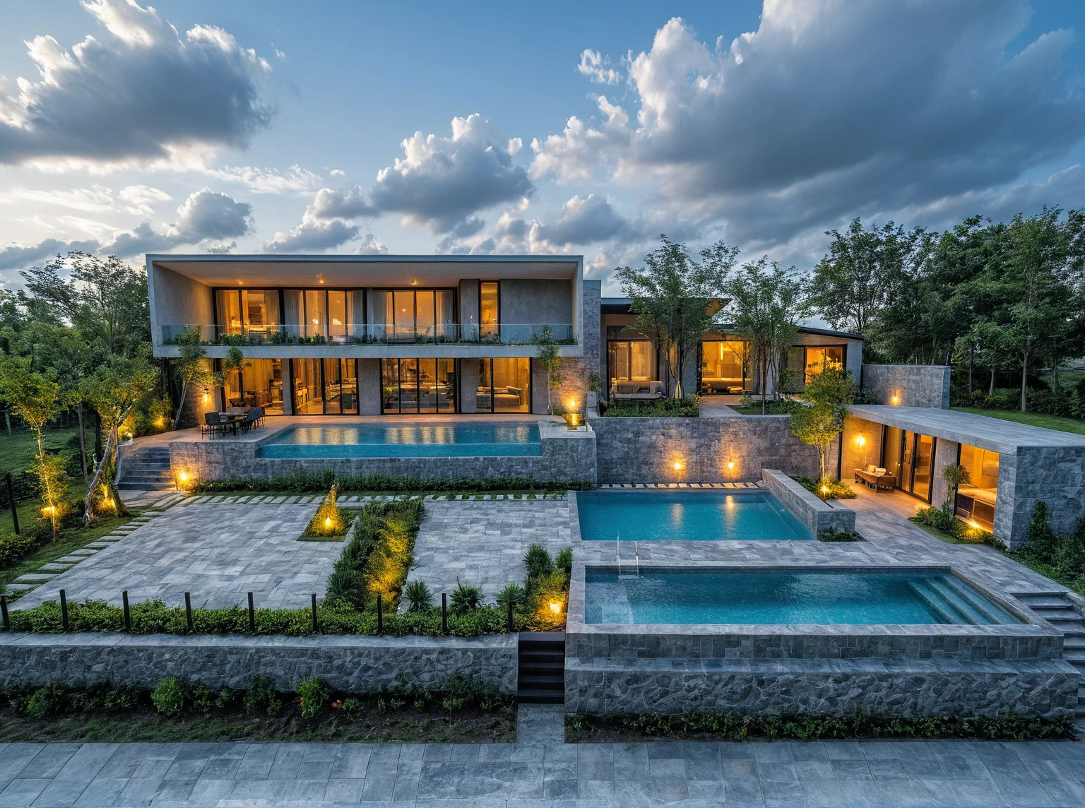 Masterpiece, high quality, best quality, surreal photo, super detailed, outdoor, villa, aiaigroup, modern townhouse style, swimming pool in front, accent wall Gray stone on the side right, road, sidewalk, grass, trees, sky, clouds (daylight: 1.1)

