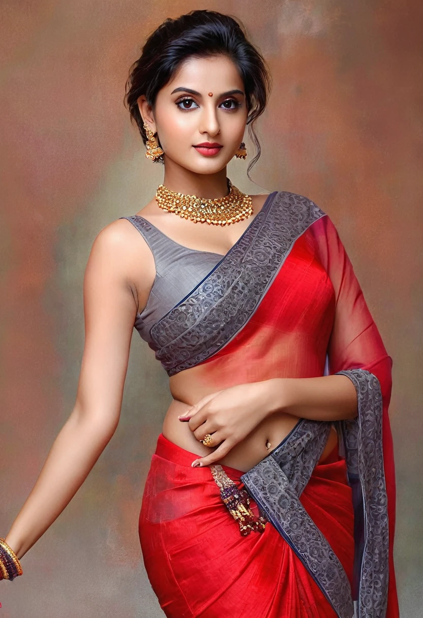 (masterpiece nude topless bhabhi posing lavishing sexy pose wearing red saree without blouse & bra portrait photography:1.5)perfect pink eyes, fantastic face, Indian, beautiful look, ((red lips, bright eyes, curve heir 1.5)), ((beautiful details very big breast )), (Straight round and ultra huge clevage, not sagging breast), A glorious gorgeous, glorious gorgeous face, pretty face, bright eyes, detailed elegant printed red saree without blouse & bra, updo elegant hair, blurred gray tones background, ultra focus, face ilumined, face detailed, 8k resolution, painted, dry brush, brush strokes, razumov style and garmash style, by Tokaito,  ((Full Open )), full body, sexy topless open thin belly, upper body part totally naked 