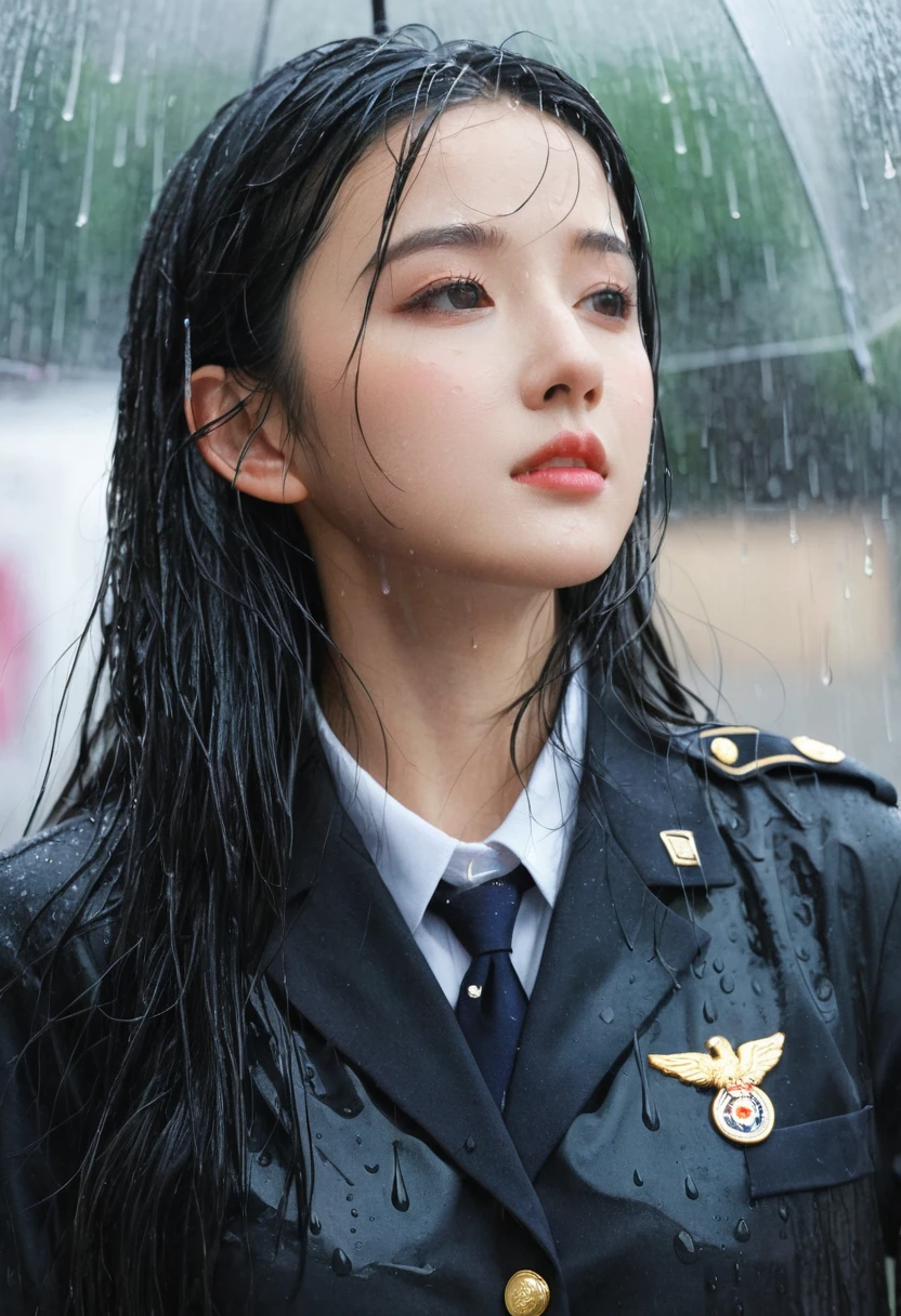 1girl, long black hair, uniform, shy, blush, wet, rain, transparent, (masterpiece, best quality), soft light, cinematic composition, cinematic light