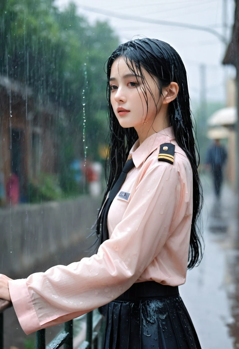 1girl, long black hair, uniform, shy, blush, wet, rain, transparent, (masterpiece, best quality), soft light, cinematic composition, cinematic light
