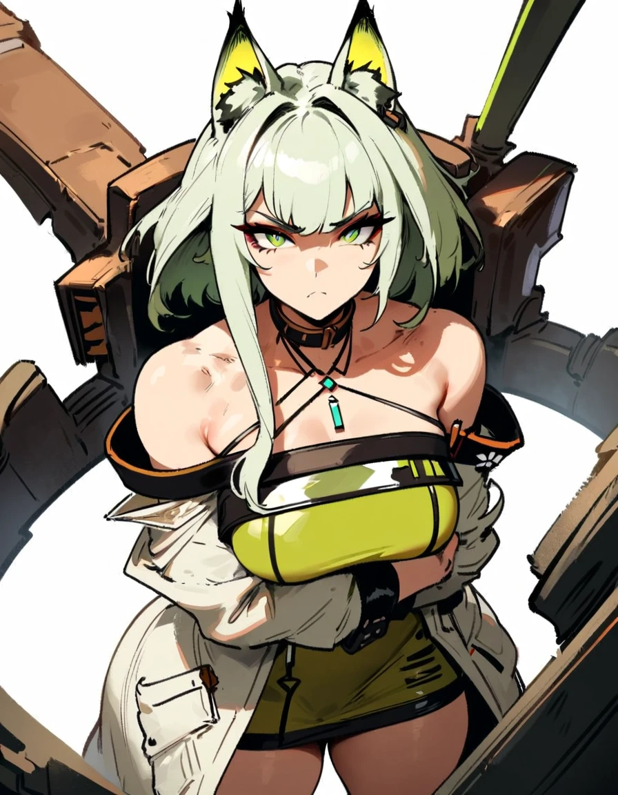 1girl, kal'tsit \(arknights\), arknights \\\\\ masterpiece, best quality, very aesthetic, absurdres, newest \\\\\\ slim body,///// ,by nyantcha,cutesexyrobutts , by khyle,,////// ,,,, , ,,detailed face, , ,, , , , , beautiful face, (white background:1.2), , sexy, , serious.angry, green eyes, animal ears, , ,,,big tits,),  in the center of the frame,,, ,wears a lab coat, ,full body ,  solo, sit