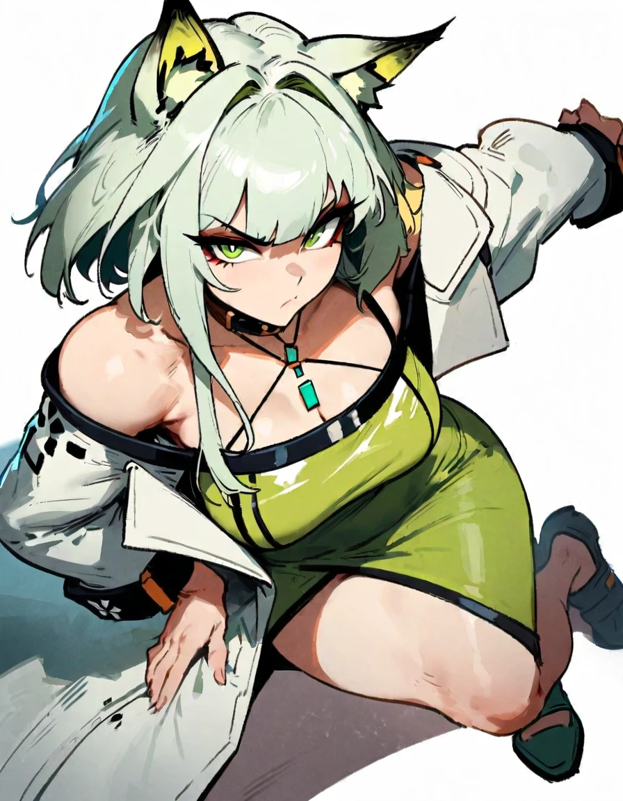 1girl, kal'tsit \(arknights\), arknights \\\\\ masterpiece, best quality, very aesthetic, absurdres, newest \\\\\\ slim body,///// ,by nyantcha,cutesexyrobutts , by khyle,,////// ,,,, , ,,detailed face, , ,, , , , , beautiful face, (white background:1.2), , sexy, , serious.angry, green eyes, animal ears, , ,,,big tits,), in the center of the frame,,, ,wears a lab coat, ,full body , solo,