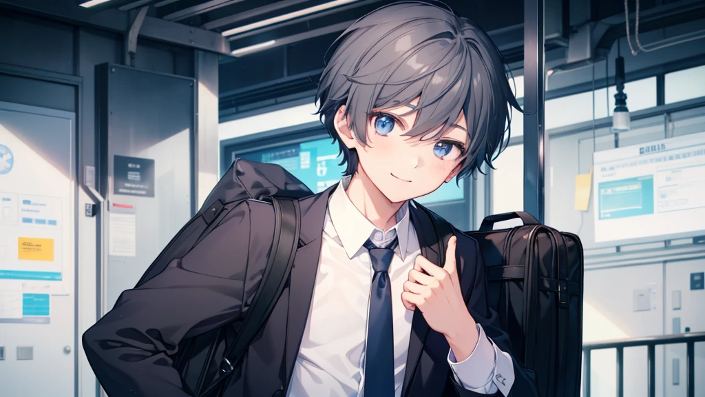 1 boy、High school boys、Highest quality, Tabletop, Beautiful Face、Jet black with stand-up collar、Gray Hair、short hair、whole body、smile、smile、Carrying a blue and white checked backpack、School Background、