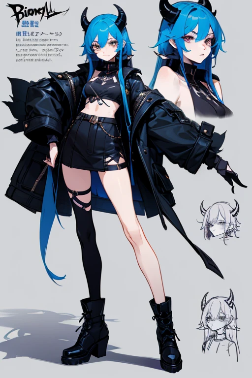 Give me a female demon character with a chaotic personality, with very longer hair and have a very cute but edgy design and give her black and blue color palette and also give me her most detailed reference sheet(ex: eyes, clothes, shoes)