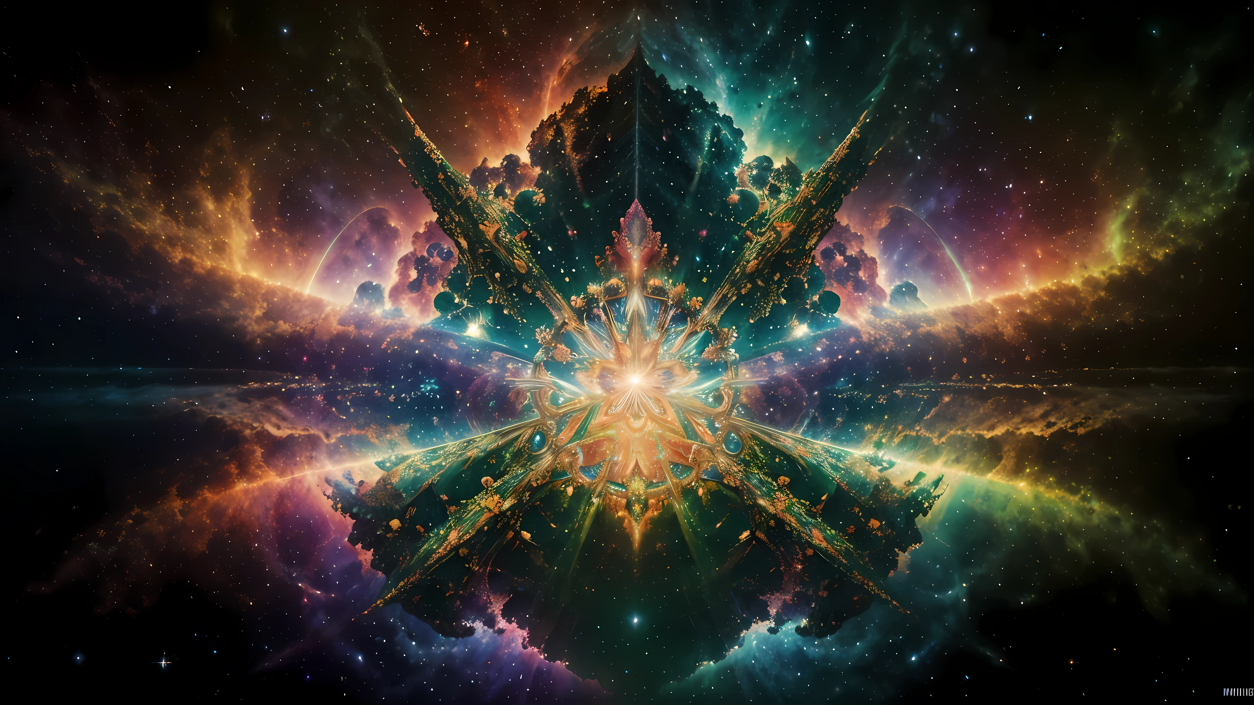 (High resolution, incredibly detailed, masterpiece), pictish greenman, featuring fractal geometry in (vibrant colors:0.8), set against a (nebula background:1.2), bringing together complex, mesmerizing shapes and patterns,dmt ,fractal art,holy light.