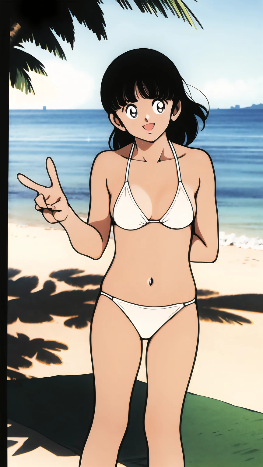 (((character:asakura minami:1.3))),((masterpiece)),((highest quality)),Super detailed,(thin entire outline),enlightenment,explicit,1girl,solo,black hair,medium hair,black eyes,small nose,perfect body,beautiful body,beautiful character design,perfect eyes,perfect face,((happy smile)),small open mouth,(enjoy,having fun:1.2),perspiration,wallpaper,ultra high resolution,8k,photo shoot,(beautiful large breast:1.2),beautiful legs,perfect feet,beautiful skin,fair skin,smooth skin,official style,official art,make a screen cap,outdoor,(summer beach),sunshine,bright lighting,(white micro bikinis),split legs,peace sign,