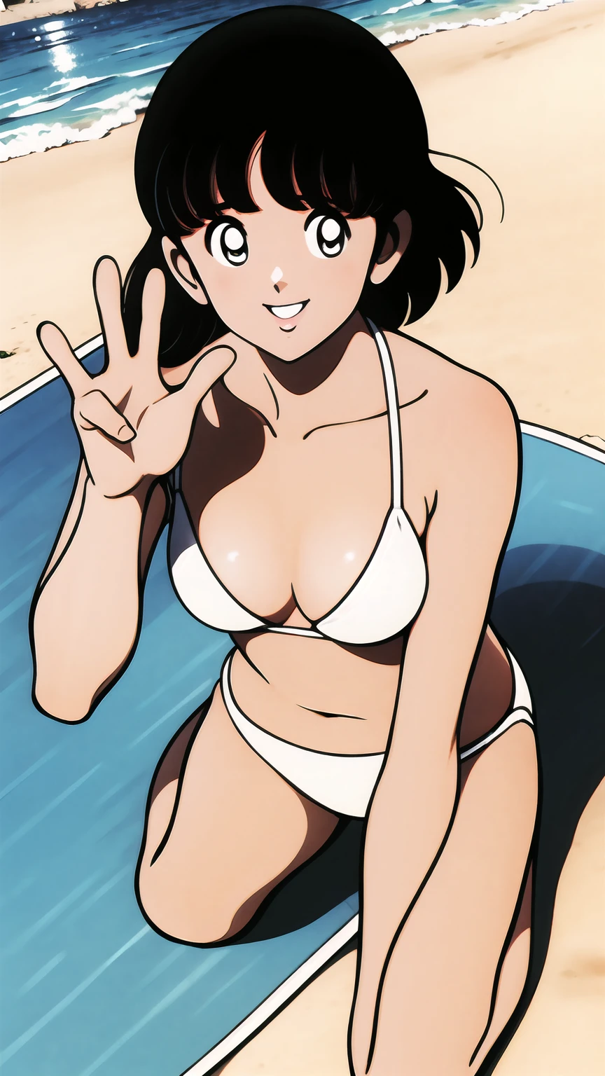 (((character:asakura minami:1.3))),((masterpiece)),((highest quality)),Super detailed,(thin entire outline),enlightenment,explicit,1girl,solo,black hair,medium hair,black eyes,small nose,perfect body,beautiful body,beautiful character design,perfect eyes,perfect face,((happy smile)),small open mouth,(enjoy,having fun:1.2),perspiration,wallpaper,ultra high resolution,8k,photo shoot,(beautiful large breast:1.2),beautiful legs,perfect feet,beautiful skin,fair skin,smooth skin,official style,official art,make a screen cap,outdoor,(summer beach),sunshine,bright lighting,(white micro bikinis),split legs,peace sign,
