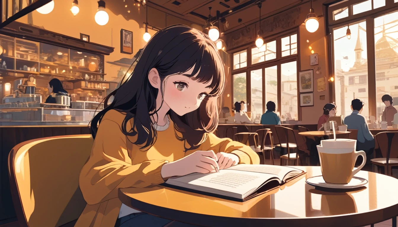 Woman reading a book in a cafe、, Wide-angle lens, Lofi Anime, Lofi illustration, Aesthetic atmosphere, Lo-Fi Style, Vector art, Flat Design, Simple shape, Warm tones, Pleasant atmosphere, Chill, In anime style, Digital drawing, Vector art, Vector logo for t-shirt printing, (Adorable:1.5), (small:1.4), (Playful:1.2), (soft:1.3), (Whimsical:1.1), masterpiece, Highest quality, 8K, Intricate details, grow, Celestial, Mysterious, Picturesque, amazing, Majestic, Magic, Fantasy art, Cover art, dream-like