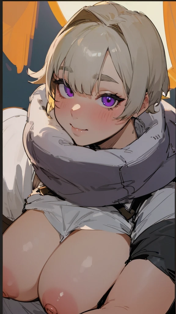 masterpiece, best quality, ultra-detailed, Potrait of beautiful , (chubby) (sexly), (plump), (sexly), (Nude), ((tomboy)), (アニメ), (Breasts), (Plump), ((very short hair)), (boyish), (muscular), (naughty), (young), (Short Hair), (pudge face), (cute), (handsome), (Nude), (Big Areola), (Bad body odor), (Elegg), (purple eyes), ((thick)), (The eyes are hidden by the bangs), (Sinister), (insidious), (No light in my eyes), (smile)