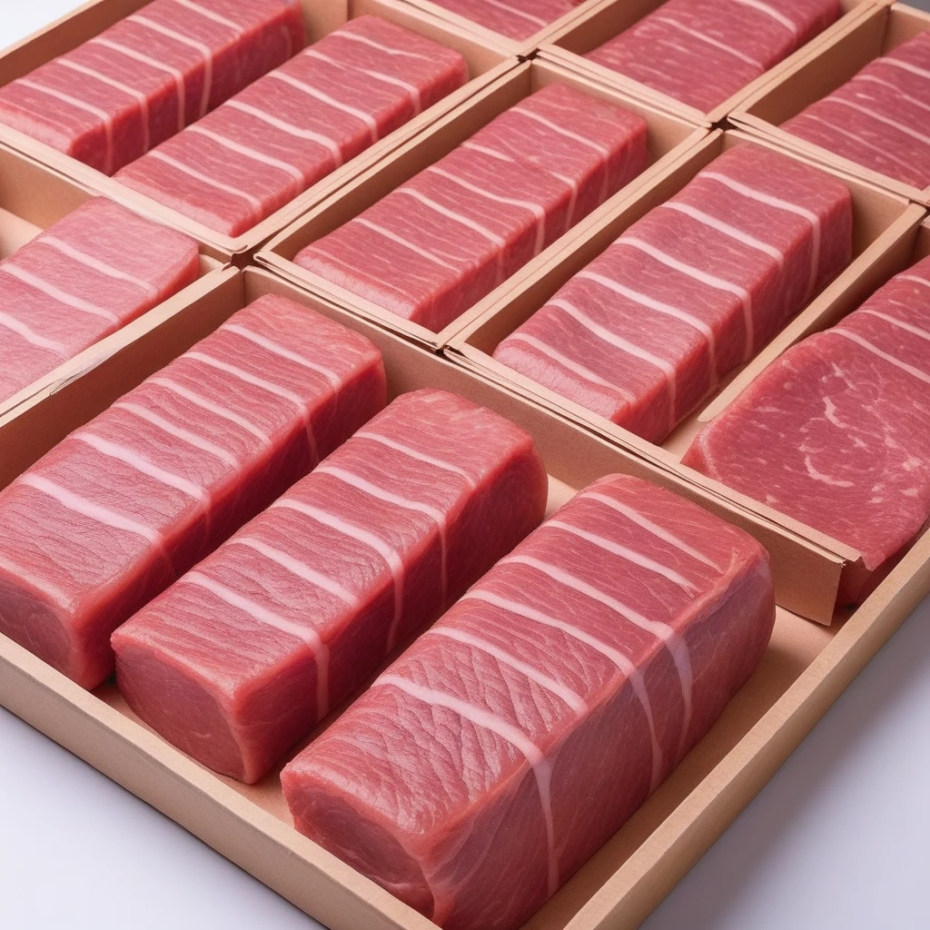 Meat slices and sausages displayed in packaging, pork,Covered with organic meat, Fuquan