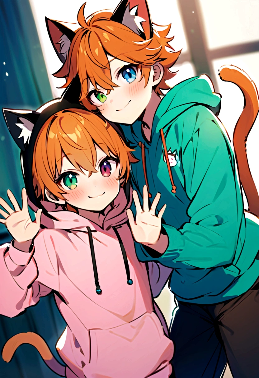 cute young boy, orange hair, short spiky hair, heterochromia left blue eyes, right green eyes, cat tail, cat ear, blue chooker, cute hoodie, cute pose, blushing, smile