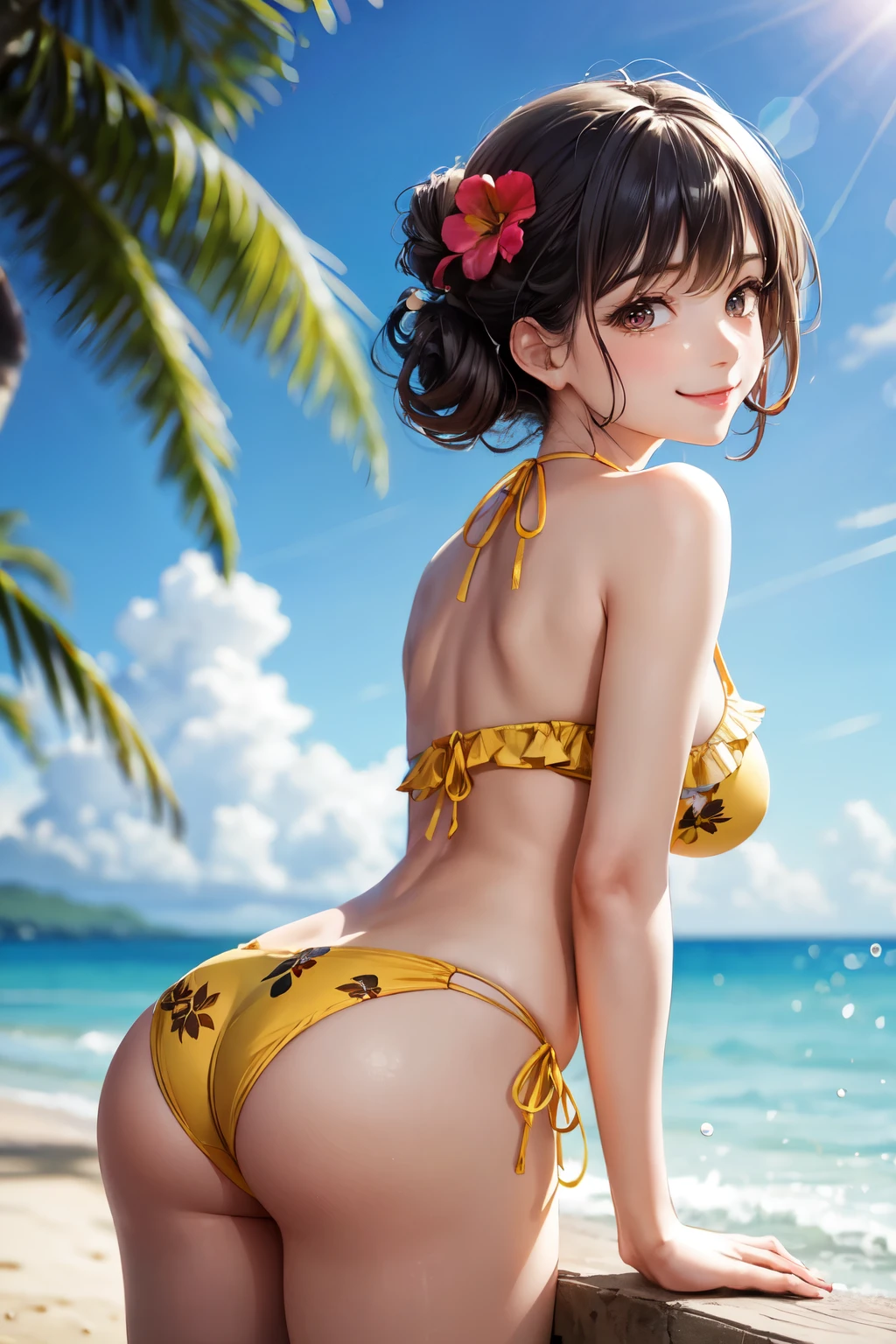very cute and beautiful girl,(highly detailed beautiful face),(floral frilled yellow bikini), standing,(looking back,from behind),(leaning forward),looking at viewer,beach,tropical resort hotel,(smile:1.25),happy,black hair, (best quality,masterpiece),absurdres,highres,ultra-detailed,extremely detailed,32k, cinematic scene,detailed background,solo,dynamic angle, hair fluttering in the wind,beautiful detailed sky,