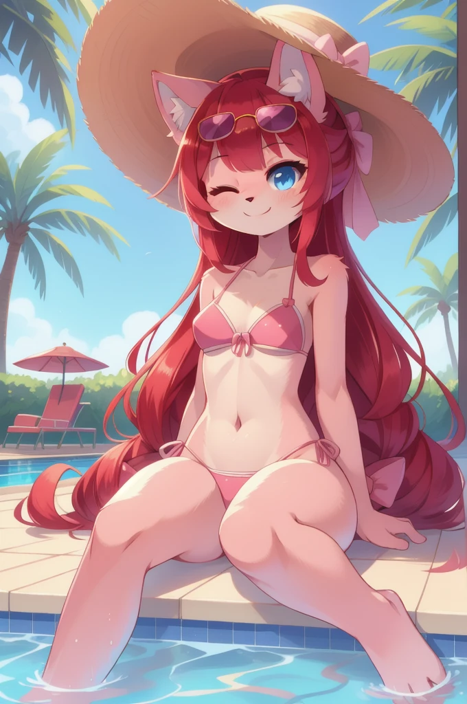 furry girl, cat, red hair, Knight bangs hairstyle, long ponytail, anime style, medium breasts, blue eyes, ((bright pink bikini Bandeau with bow in the center, side bows at the bottom, Sunglasses and wide-brimmed hat)), high quality, detailed body, detailed eyes, detailed face, masterpiece, glistening body, detailed body fur, best quality, two tone body, pink fur, clear pink fur, perfect lighting, perfect shadows, perfect eyes, perfect hair, perfect face, gorgeous body, skinny, :3, full body, feets with three toes, 3 toes, (one eye closed, wink), pool, clear sky, sitting,