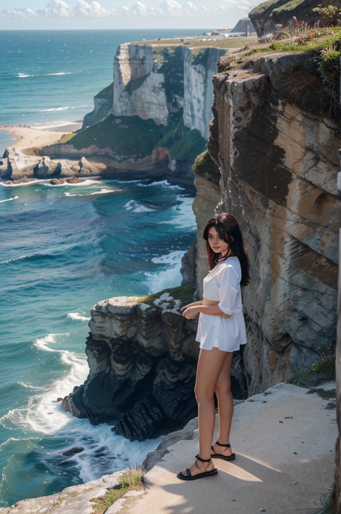 Mulher adulta, de costas, na praia, Using a transparent beach exit, cabelo preto longo, paisagem de mar e montanhas.