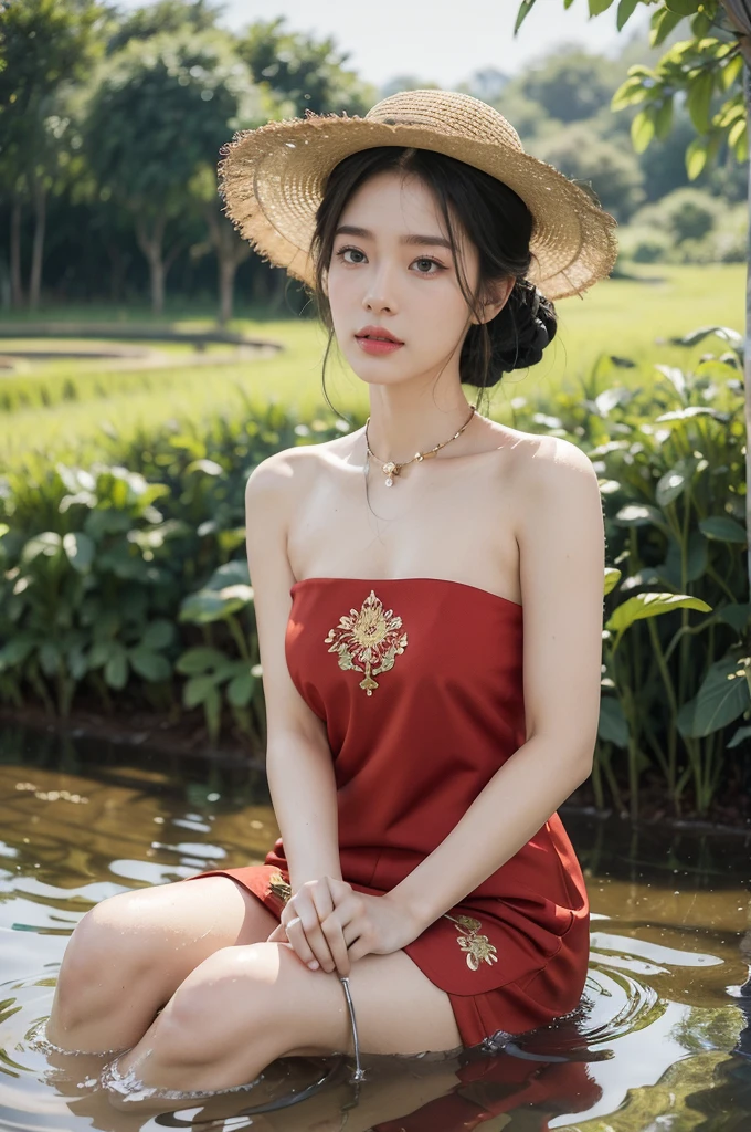(((best quality))),(((ultra detailed))),(((masterpiece))),illustration,1 beautiful girl,slim,straw hat,shiny skin,black skin,sweat,wet,flat chest,short Embroidered red cheongsam,collar,bare arms,sitting in the Paddy pool filled with Rice seedlings,upper body,elegant, clear sky, sunlight, dreamy, contrast, natural,Chinese rural landscape,The body below the neck is in water