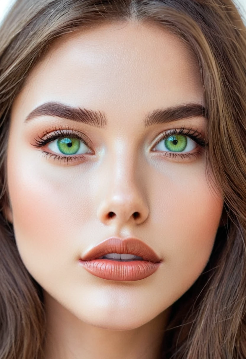 Instagram model, , brown long hair, light green eyes, big lips, beautiful face, close-up of face . mouth closen