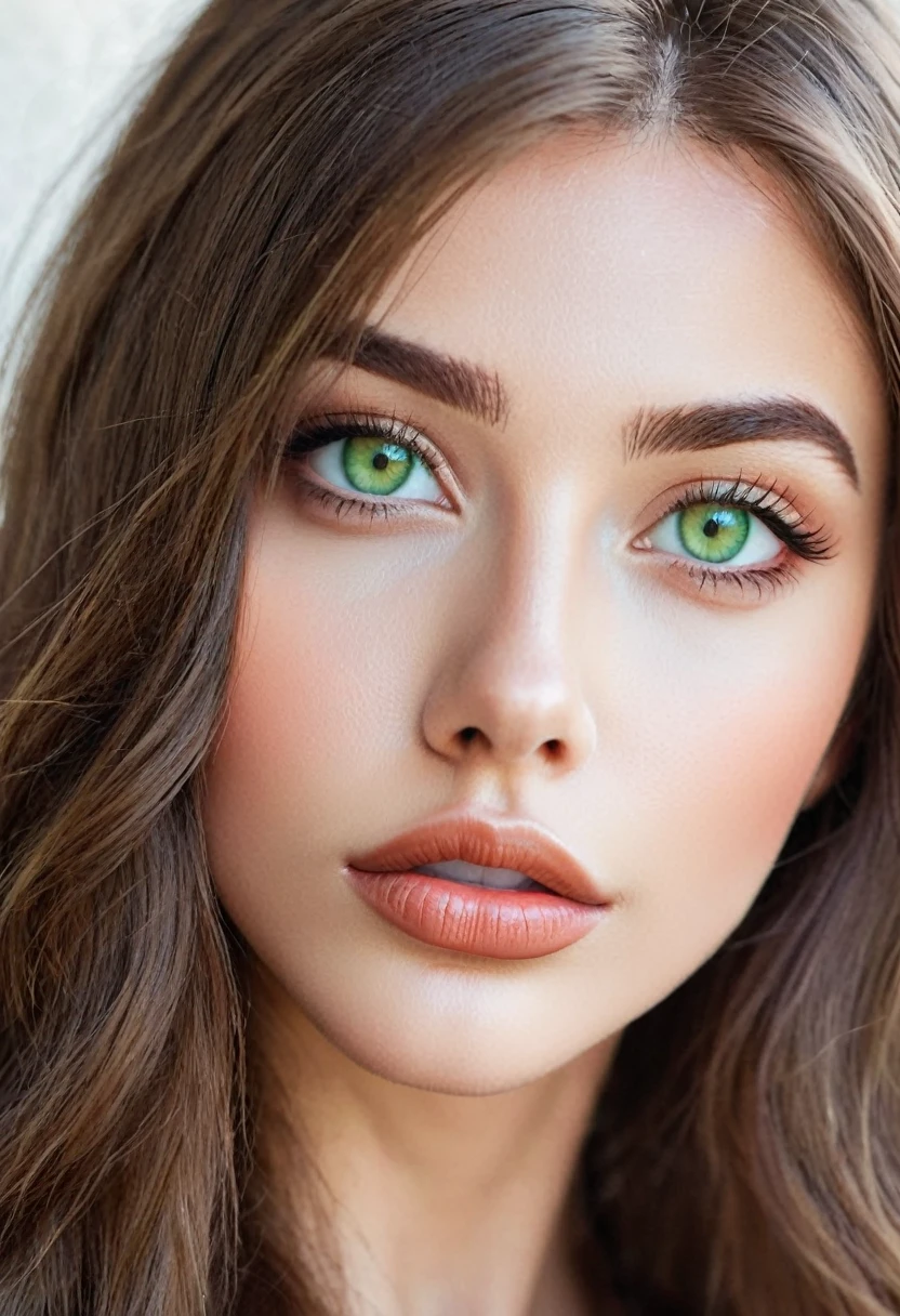 Instagram model, , brown long hair, light green eyes, big lips, beautiful face, close-up of face . mouth closen