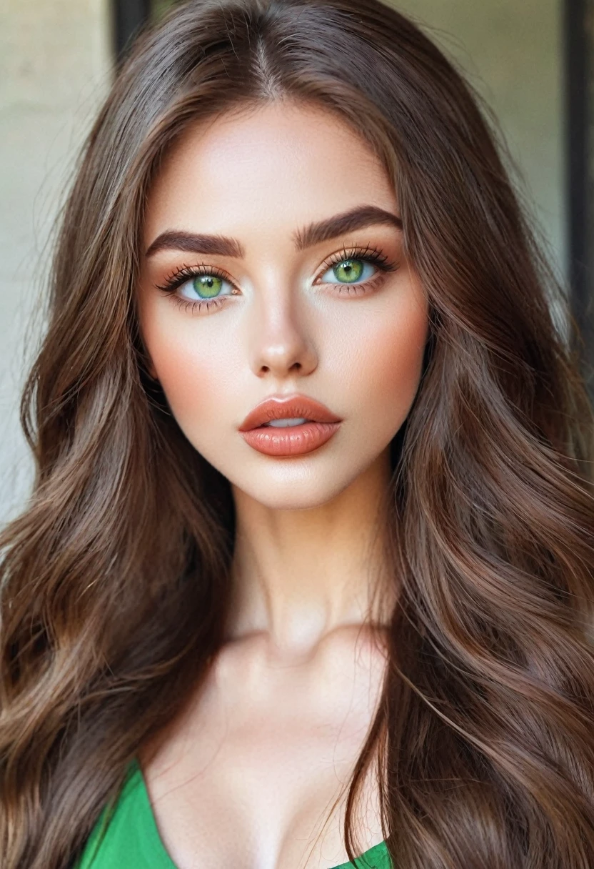 Instagram model, , brown long hair, light green eyes, big lips, beautiful face, close-up of face . mouth closen