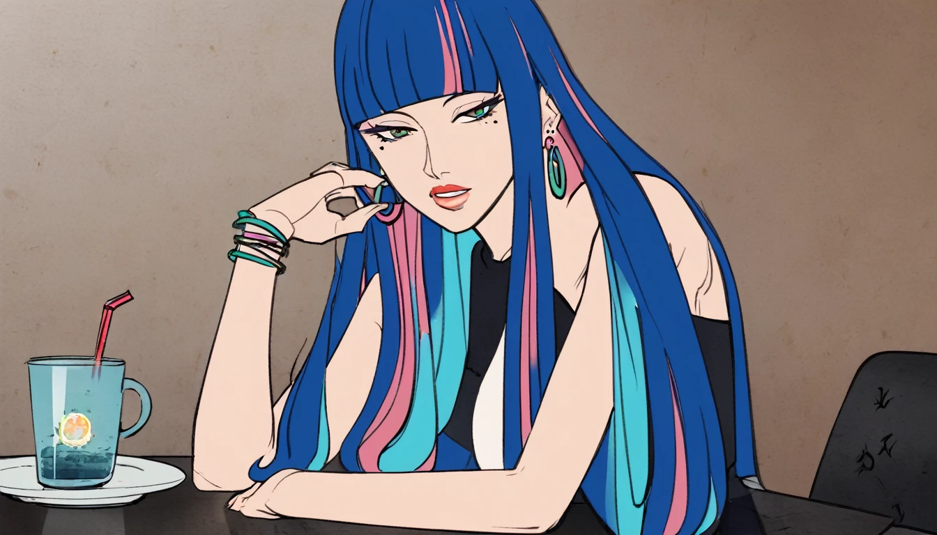 (1 girl) eida, blue hair, blunt bangs, colored colored inner hair, long hair, earrings, long sidelocks, chilling in cafe, absrudres.