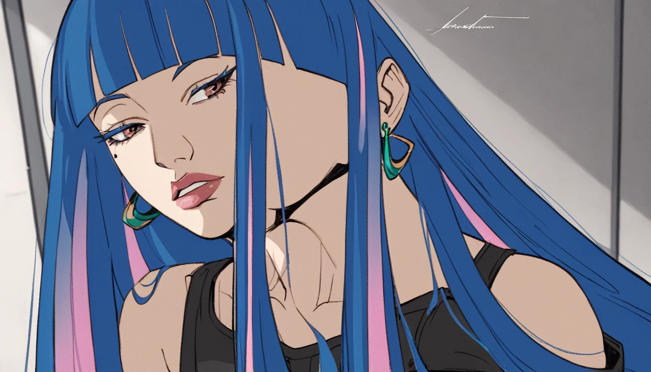 (1 girl) eida, blue hair, blunt bangs, colored colored inner hair, long hair, earrings, long sidelocks, chilling in cafe, absrudres.