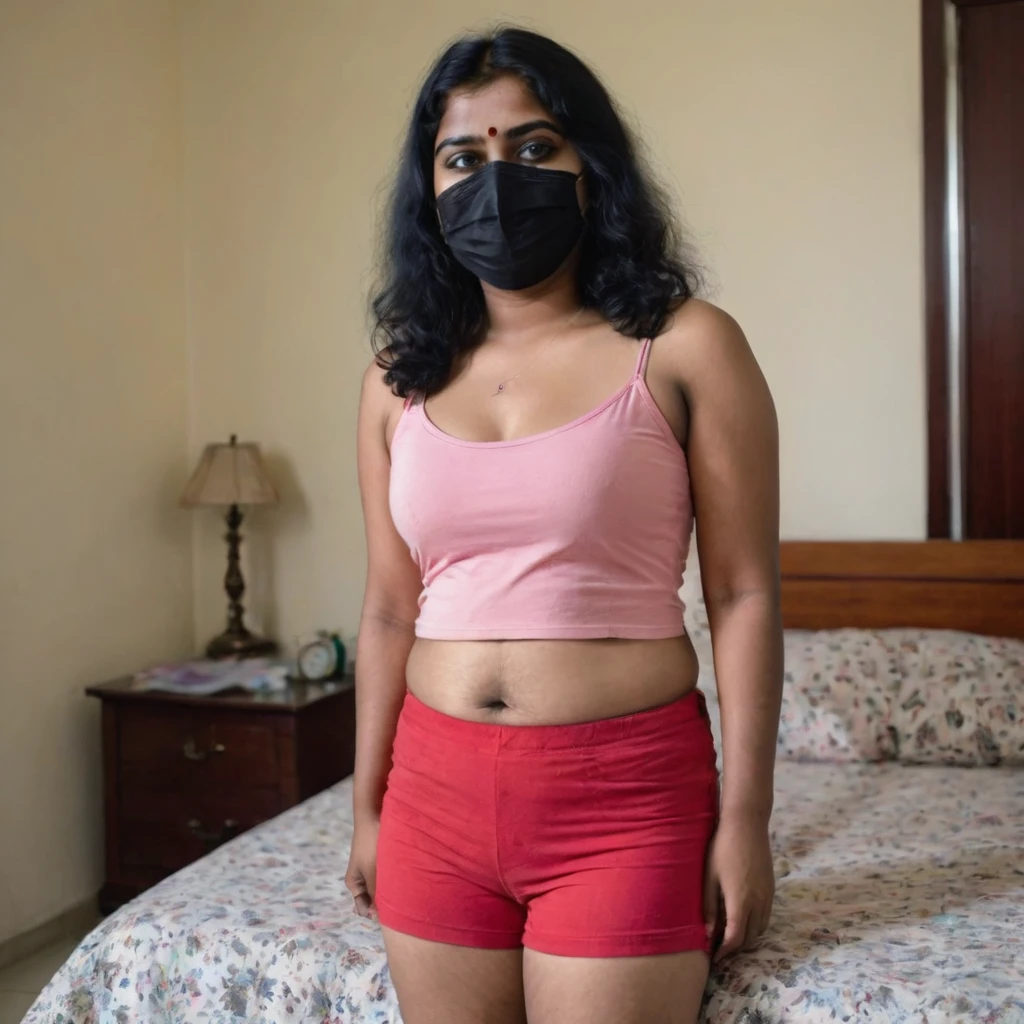 a full body shot of a poor chubby 25 year old Indian Lady in Red shorts and Pink Top, wearing a Black Mask, at home, Stomach Navel visible, Cleavage visible.