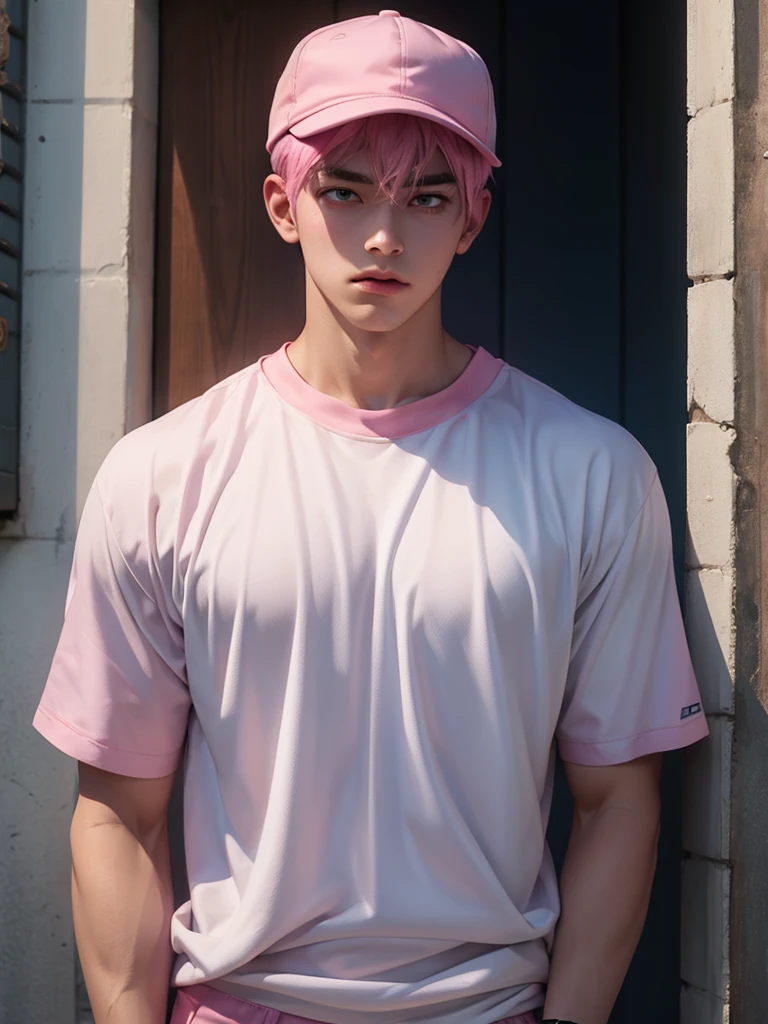 Pink Hair、Has bangs、Navy blue baseball cap、Navy blue jersey、Broad shoulders、Short Hair、Pink eyebrows、White skin、Muscular、Tall、Big Handale、Bad look in the eyes