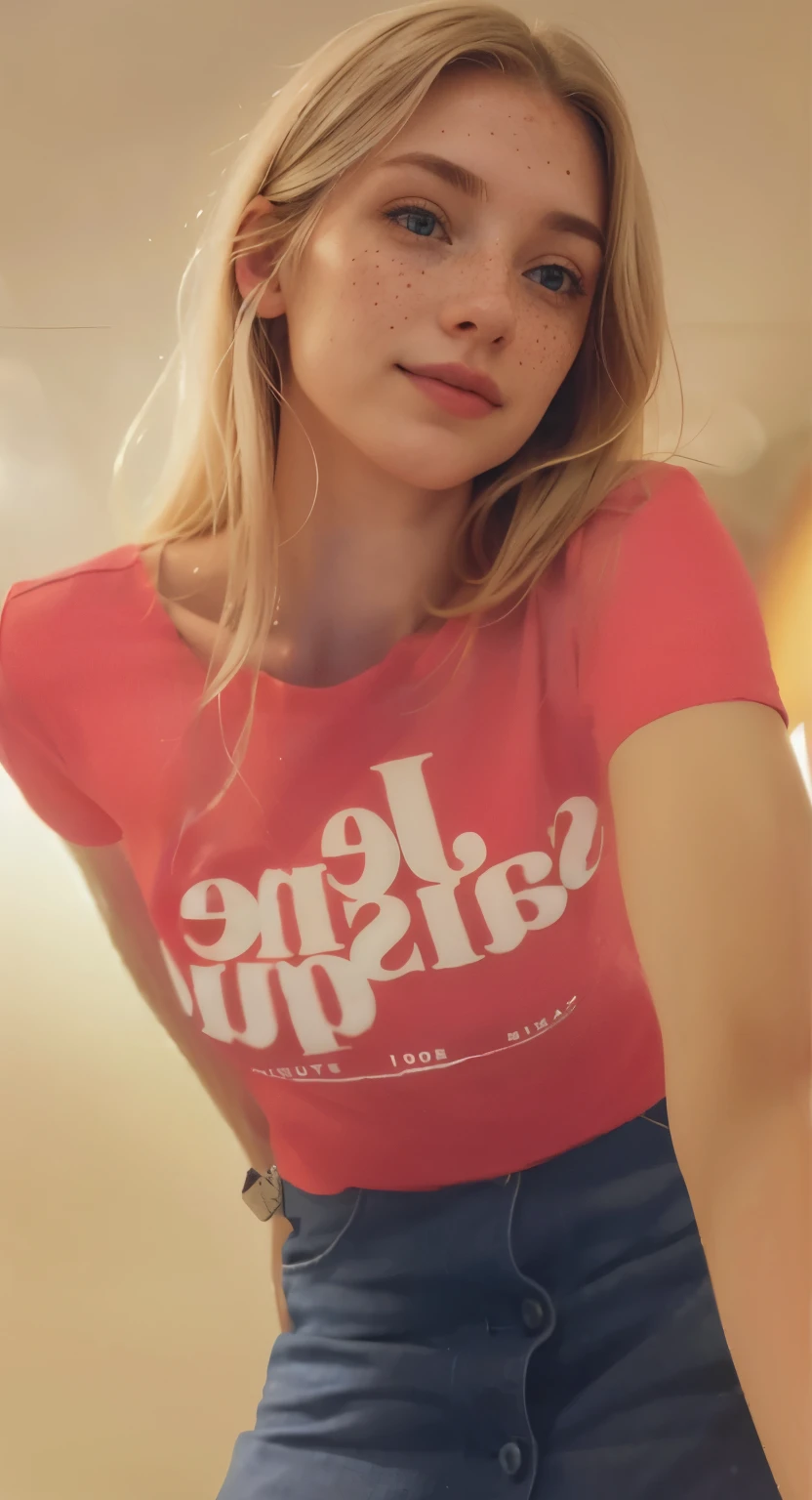 a one woman, americana, age 25, pale skin and freckles, grey-eyed, delicate nose, soft and delicate lips, distant, cabelo blondie distant e ondulado na altura da cintura, Sweet smile, face with delicate feminine facial features, highly rendered