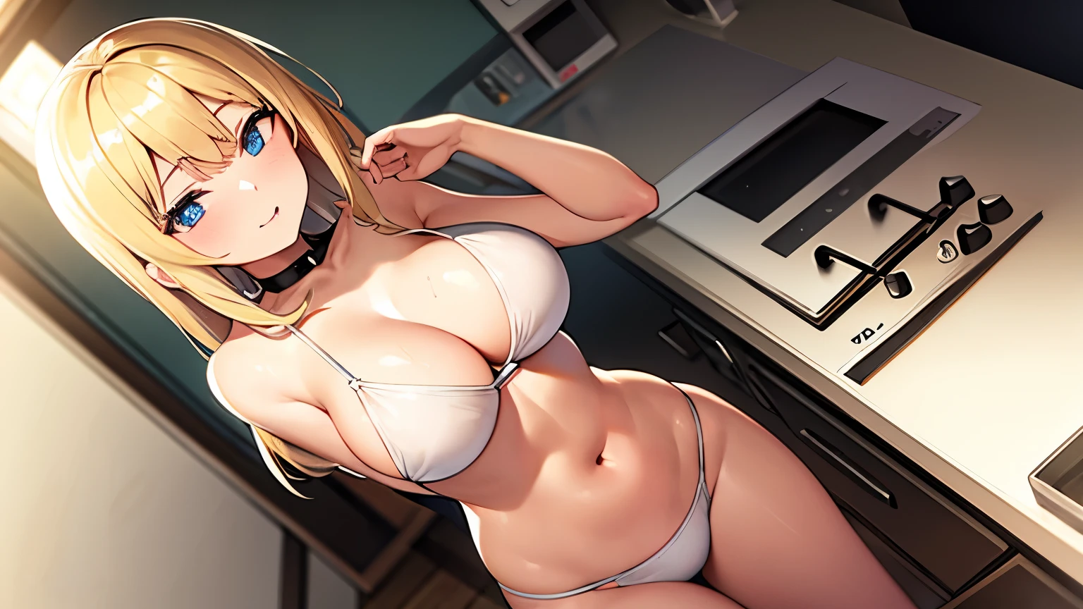 19 year old blonde girl with white bikini, in the kitchen.